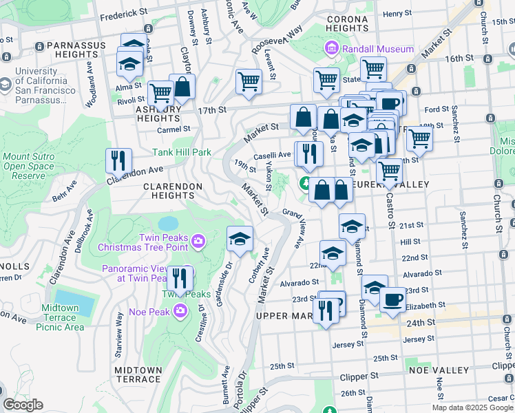 map of restaurants, bars, coffee shops, grocery stores, and more near 642 Corbett Avenue in San Francisco