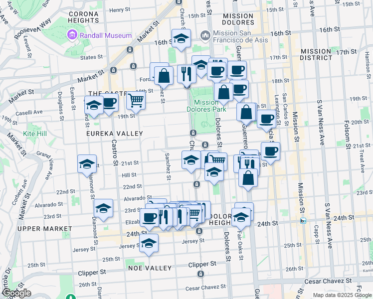 map of restaurants, bars, coffee shops, grocery stores, and more near 3619 21st Street in San Francisco