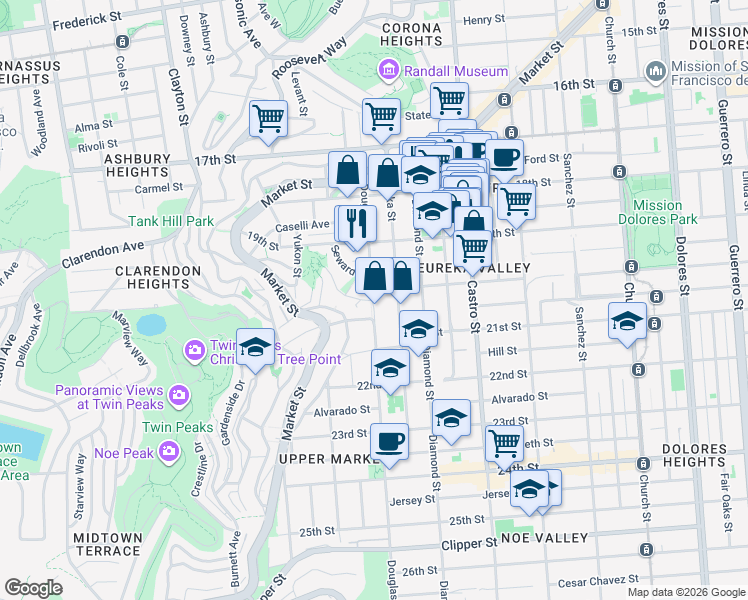 map of restaurants, bars, coffee shops, grocery stores, and more near Douglass Street & Corwin Street in San Francisco