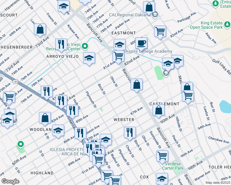 map of restaurants, bars, coffee shops, grocery stores, and more near 1954 84th Avenue in Oakland