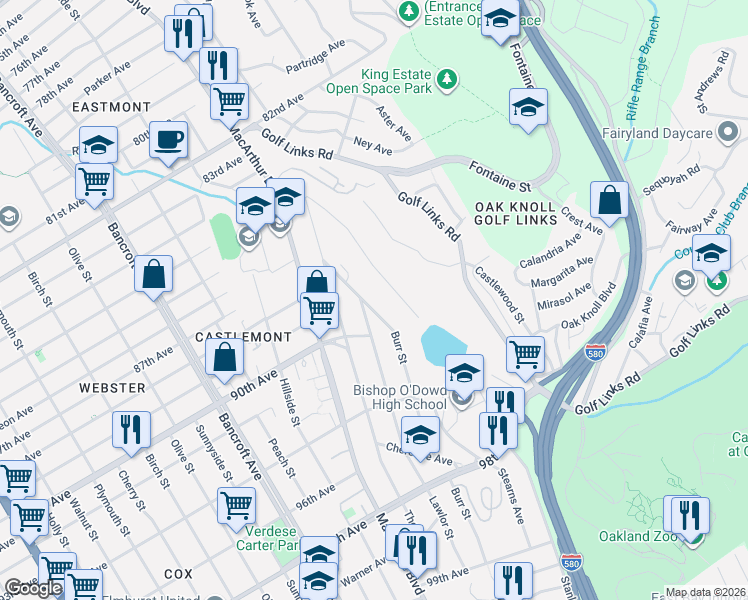 map of restaurants, bars, coffee shops, grocery stores, and more near 8910 Burr Street in Oakland