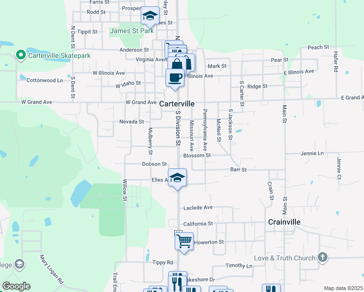 map of restaurants, bars, coffee shops, grocery stores, and more near 609 South Division Street in Carterville