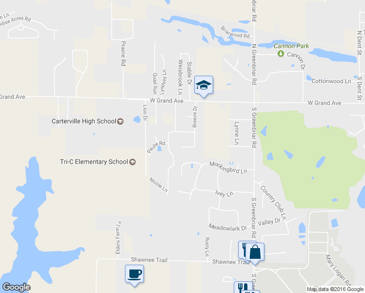 map of restaurants, bars, coffee shops, grocery stores, and more near 210 Breeze Drive in Carterville