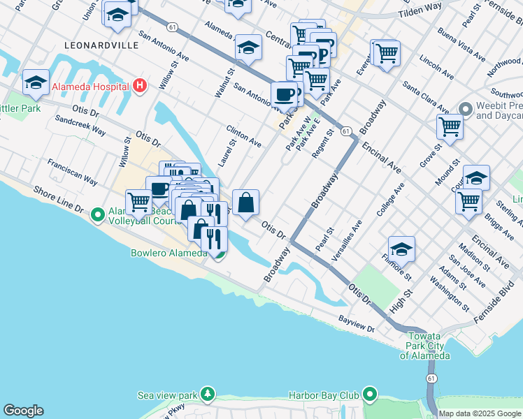 map of restaurants, bars, coffee shops, grocery stores, and more near 1072 Park Avenue in Alameda
