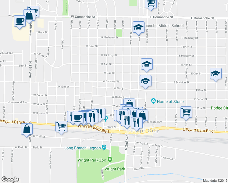 map of restaurants, bars, coffee shops, grocery stores, and more near 4th Avenue in Dodge City