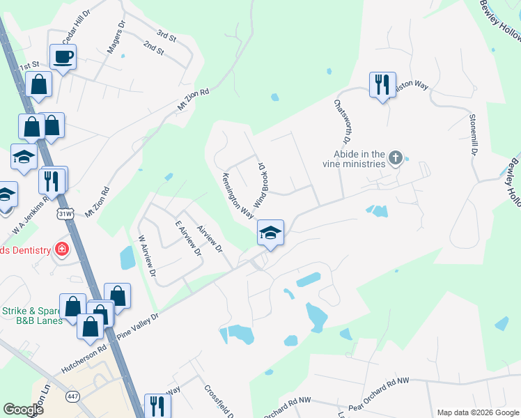map of restaurants, bars, coffee shops, grocery stores, and more near 605 Wind Brook Drive in Elizabethtown
