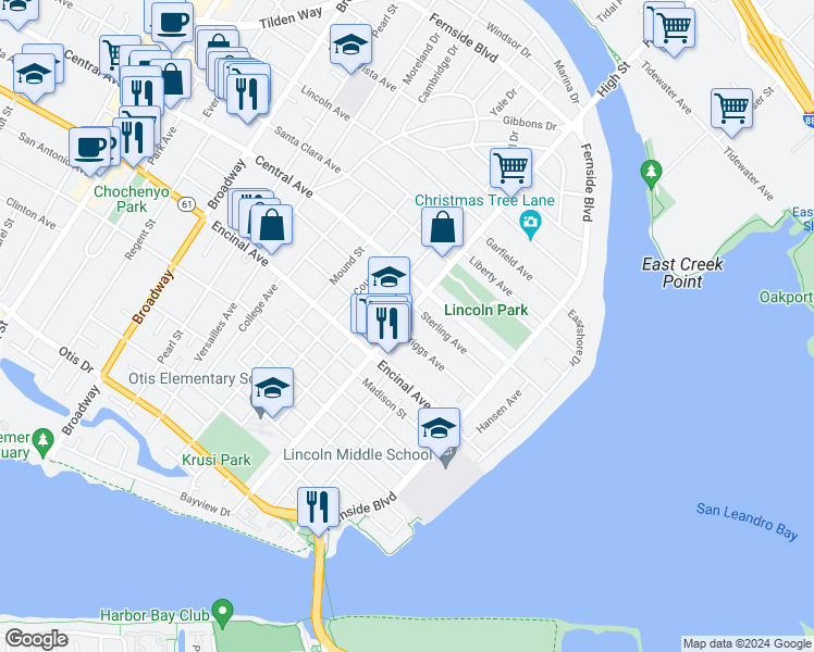 map of restaurants, bars, coffee shops, grocery stores, and more near 1336 High Street in Alameda