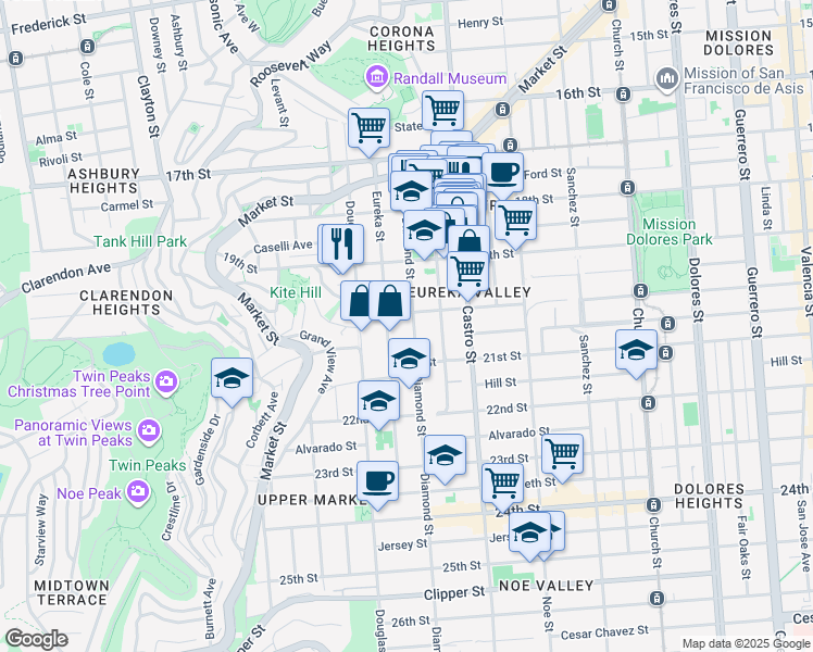 map of restaurants, bars, coffee shops, grocery stores, and more near 369 Eureka Street in San Francisco