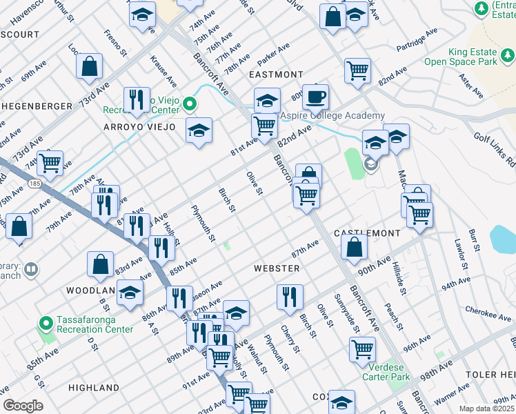 map of restaurants, bars, coffee shops, grocery stores, and more near 1954 84th Avenue in Oakland