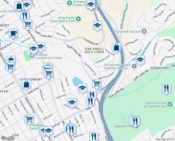 map of restaurants, bars, coffee shops, grocery stores, and more near 9214 Golf Links Road in Oakland