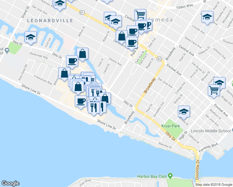 map of restaurants, bars, coffee shops, grocery stores, and more near 2429 Otis Drive in Alameda