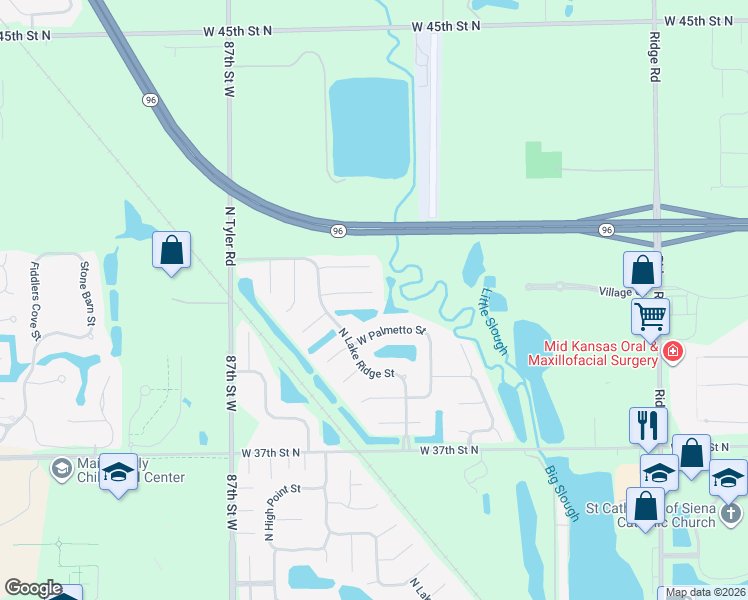 map of restaurants, bars, coffee shops, grocery stores, and more near 8206 West Palmetto Street in Wichita