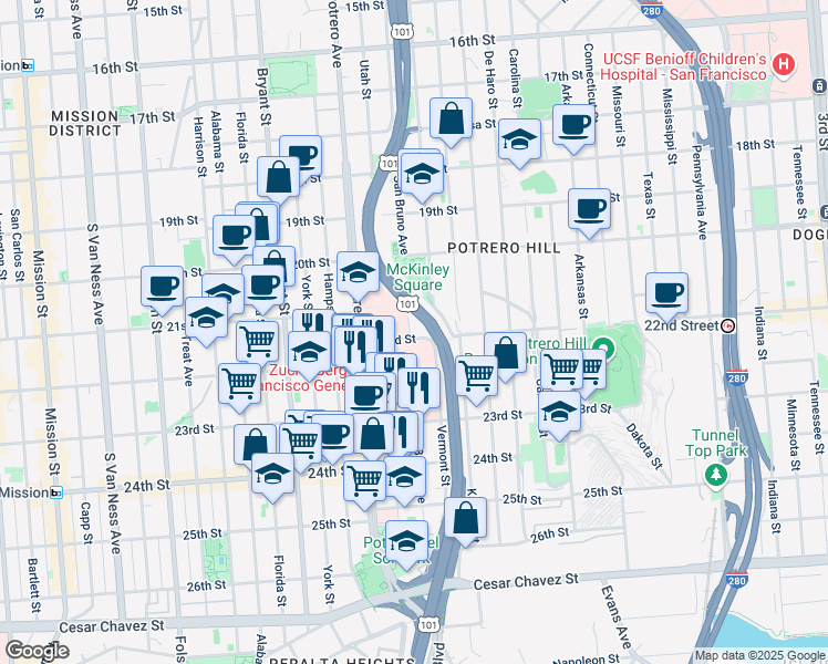 map of restaurants, bars, coffee shops, grocery stores, and more near 985 San Bruno Avenue in San Francisco