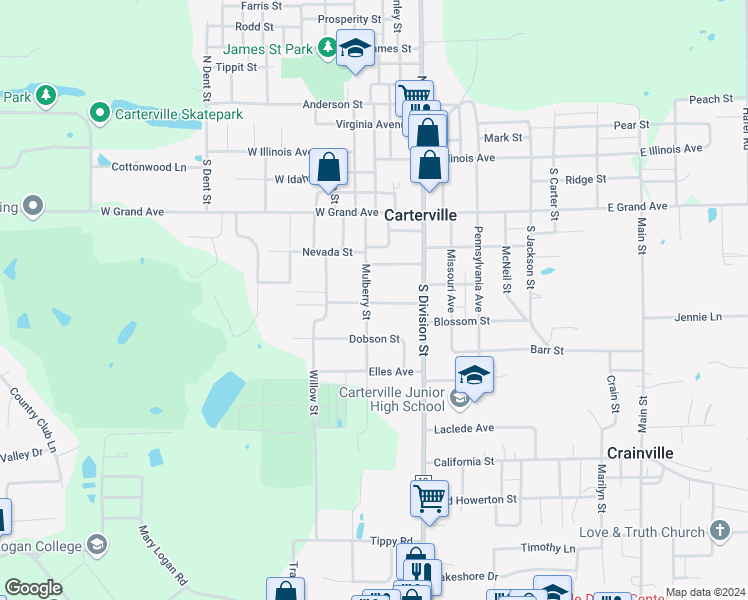 map of restaurants, bars, coffee shops, grocery stores, and more near 224 Texas in Carterville