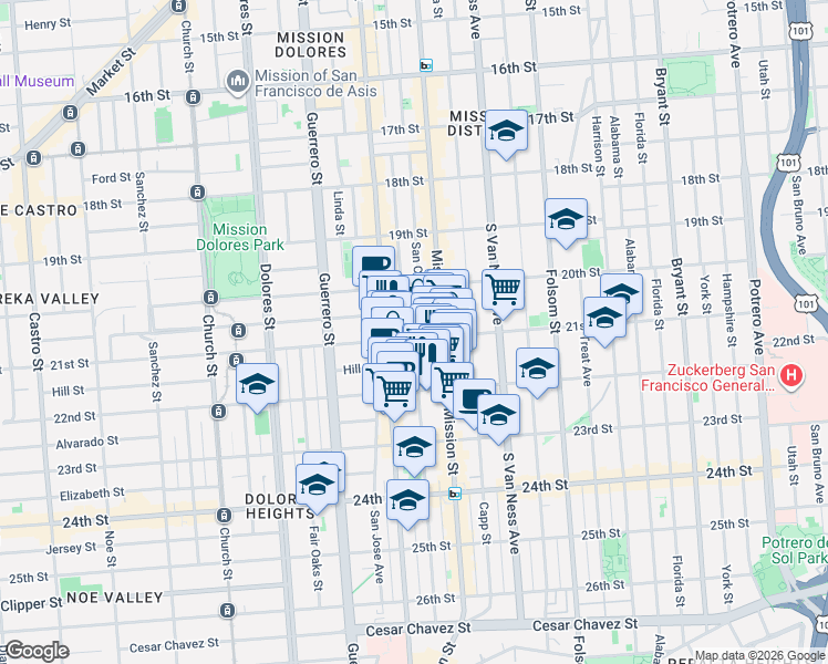 map of restaurants, bars, coffee shops, grocery stores, and more near 3248 21st Street in San Francisco