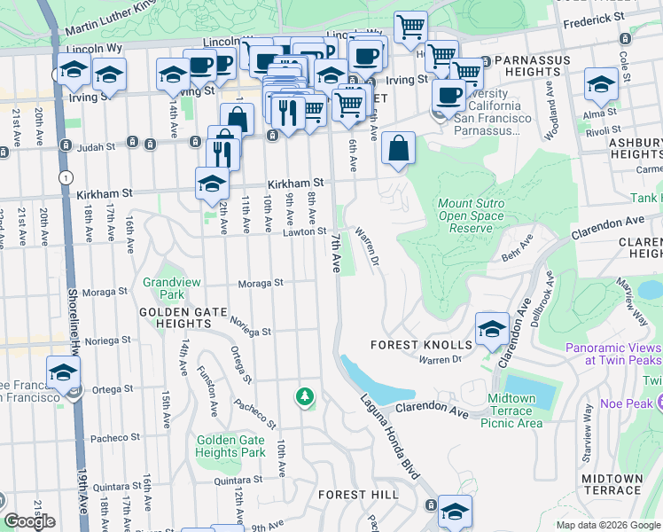 map of restaurants, bars, coffee shops, grocery stores, and more near 1700 8th Avenue in San Francisco