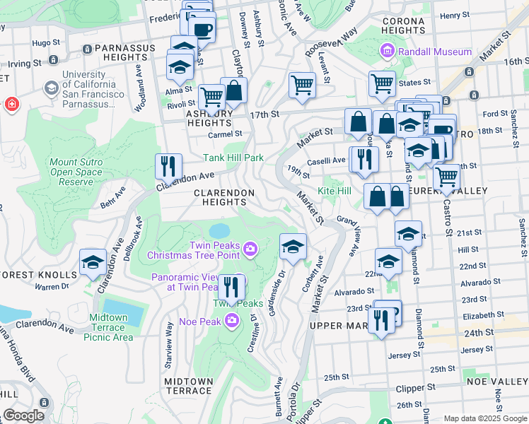 map of restaurants, bars, coffee shops, grocery stores, and more near 170 Graystone Terrace in San Francisco