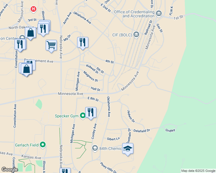 map of restaurants, bars, coffee shops, grocery stores, and more near Oklahoma Avenue in Fort Leonard Wood