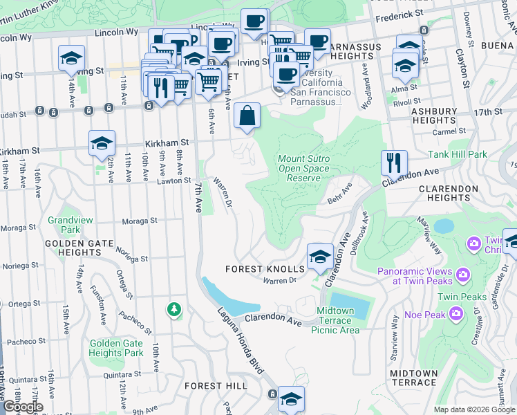 map of restaurants, bars, coffee shops, grocery stores, and more near 255 Crestmont Drive in San Francisco