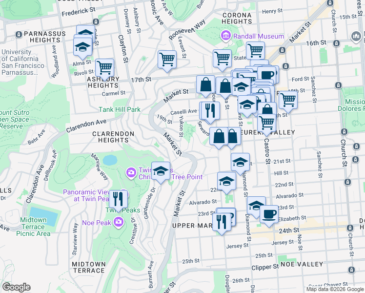 map of restaurants, bars, coffee shops, grocery stores, and more near 175 Yukon Street in San Francisco