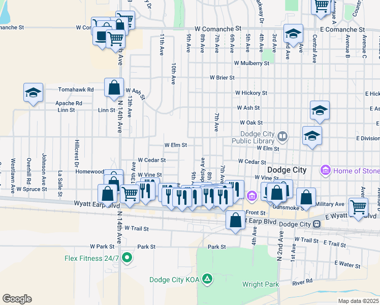 map of restaurants, bars, coffee shops, grocery stores, and more near 900 10th Avenue in Dodge City
