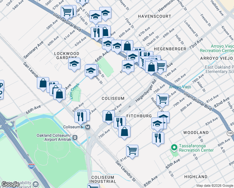 map of restaurants, bars, coffee shops, grocery stores, and more near in Oakland