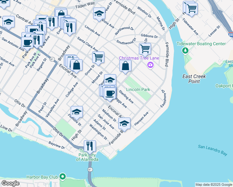 map of restaurants, bars, coffee shops, grocery stores, and more near 3233 Briggs Avenue in Alameda