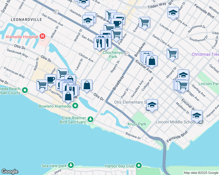 map of restaurants, bars, coffee shops, grocery stores, and more near 1034 Broadway in Alameda