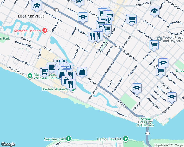map of restaurants, bars, coffee shops, grocery stores, and more near 1014 Regent Street in Alameda