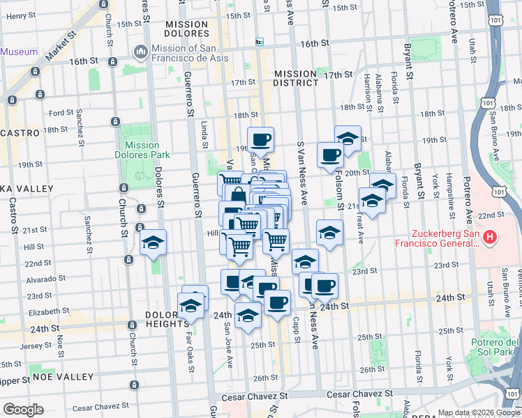 map of restaurants, bars, coffee shops, grocery stores, and more near 33 Bartlett Street in San Francisco