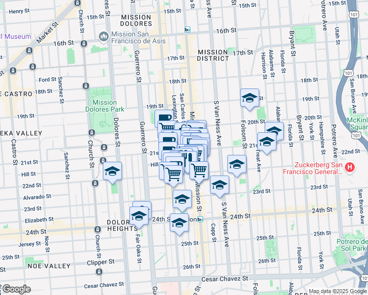 map of restaurants, bars, coffee shops, grocery stores, and more near 33 Bartlett Street in San Francisco