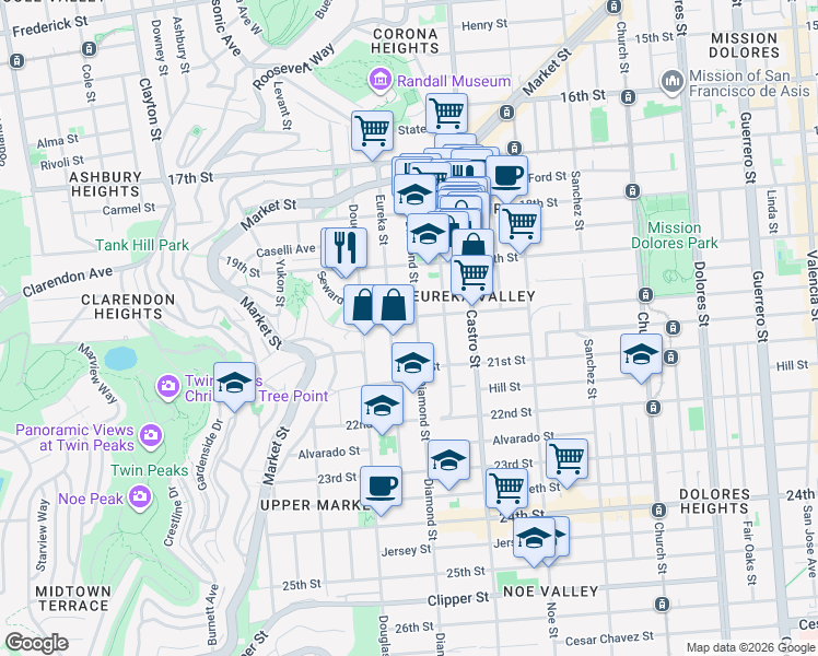 map of restaurants, bars, coffee shops, grocery stores, and more near 369 Eureka Street in San Francisco