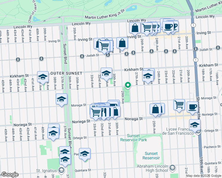 map of restaurants, bars, coffee shops, grocery stores, and more near 1655 30th Avenue in San Francisco