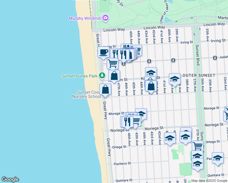 map of restaurants, bars, coffee shops, grocery stores, and more near 4201 Lawton Street in San Francisco