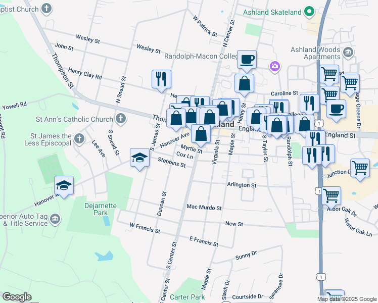 map of restaurants, bars, coffee shops, grocery stores, and more near 104 Stebbins Street in Ashland