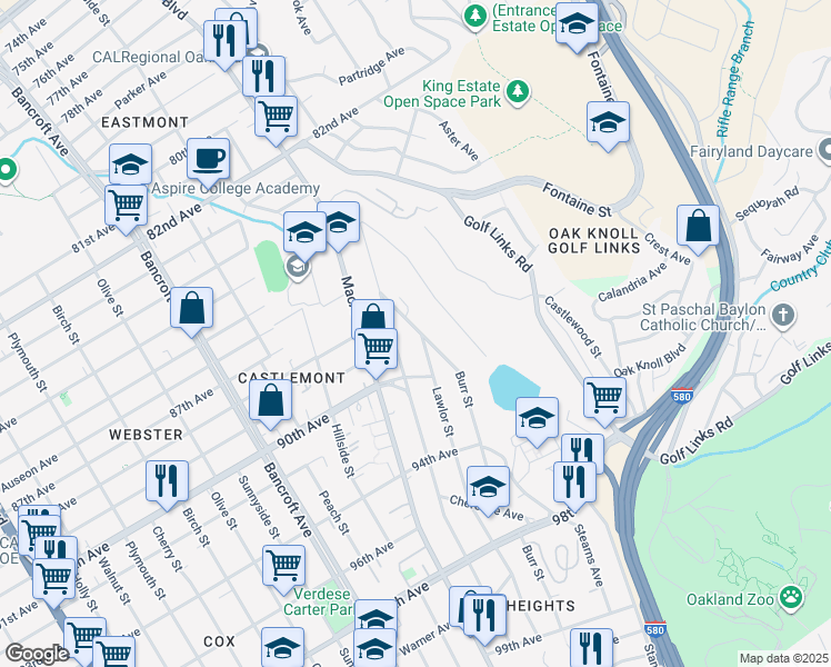 map of restaurants, bars, coffee shops, grocery stores, and more near 8827 Burr Street in Oakland