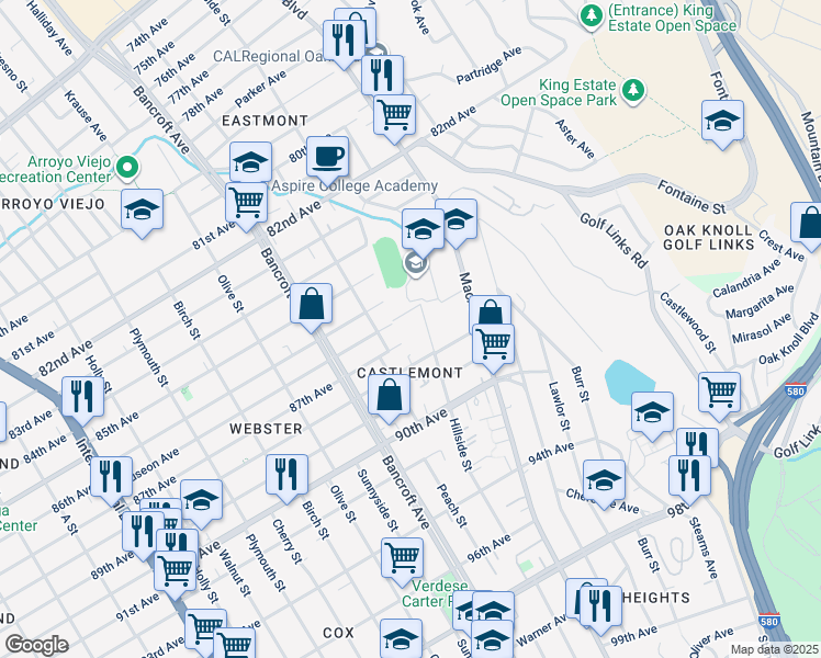 map of restaurants, bars, coffee shops, grocery stores, and more near 8701 Hillside Street in Oakland