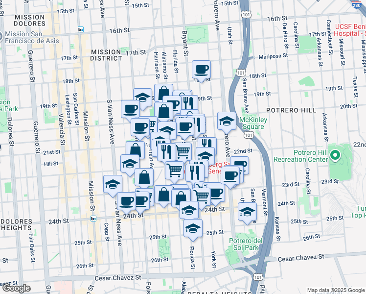map of restaurants, bars, coffee shops, grocery stores, and more near 912 Florida Street in San Francisco