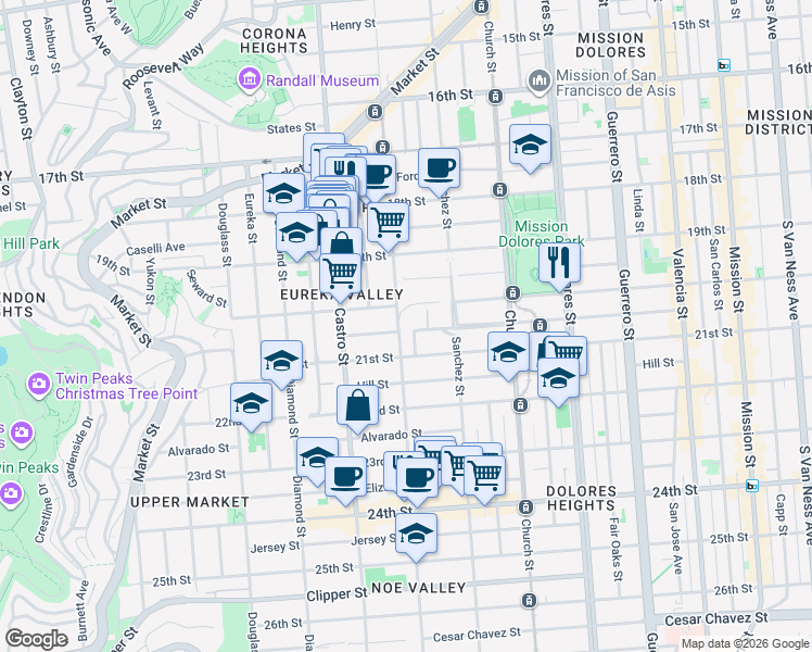 map of restaurants, bars, coffee shops, grocery stores, and more near 494 Liberty Street in San Francisco