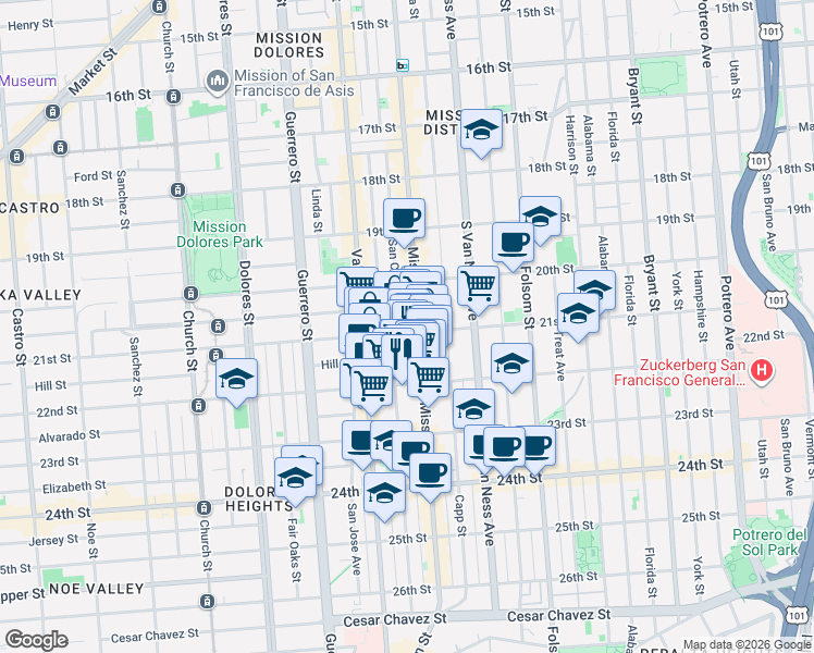 map of restaurants, bars, coffee shops, grocery stores, and more near 33 Bartlett Street in San Francisco