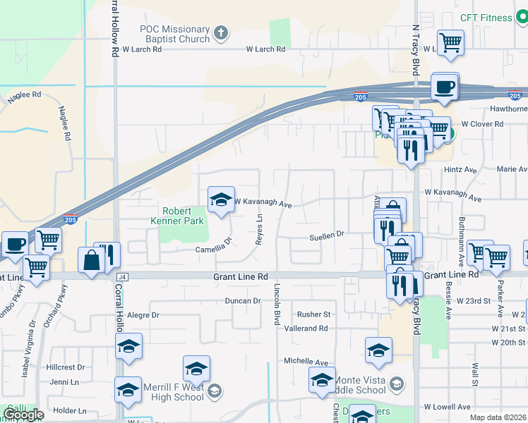 map of restaurants, bars, coffee shops, grocery stores, and more near 2830 Reyes Lane in Tracy