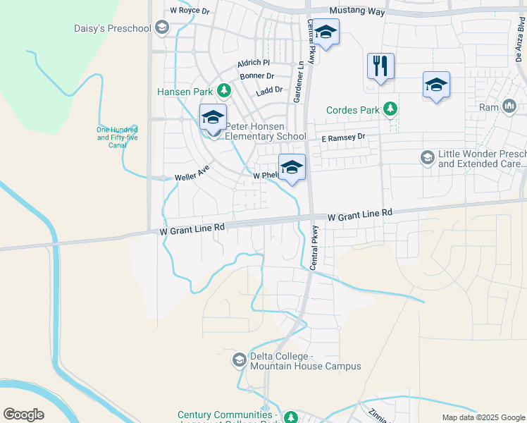 map of restaurants, bars, coffee shops, grocery stores, and more near 19458 West Grant Line Road in Tracy