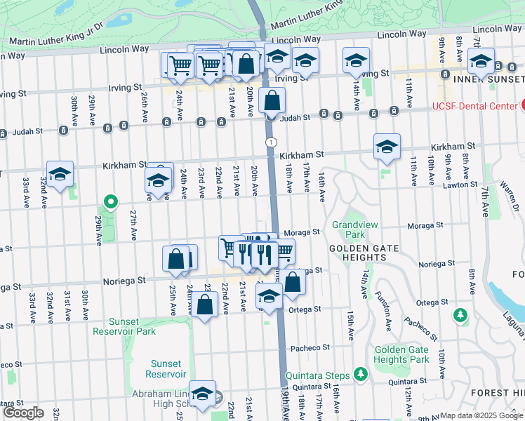 map of restaurants, bars, coffee shops, grocery stores, and more near 1601 19th Avenue in San Francisco