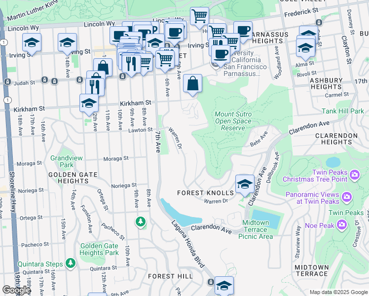 map of restaurants, bars, coffee shops, grocery stores, and more near 414 Warren Drive in San Francisco