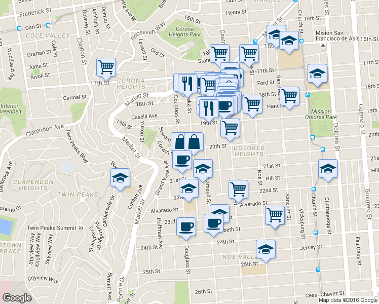 map of restaurants, bars, coffee shops, grocery stores, and more near 369 Eureka Street in San Francisco