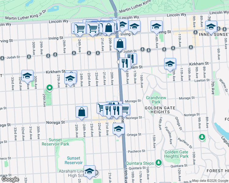 map of restaurants, bars, coffee shops, grocery stores, and more near 1601 19th Avenue in San Francisco