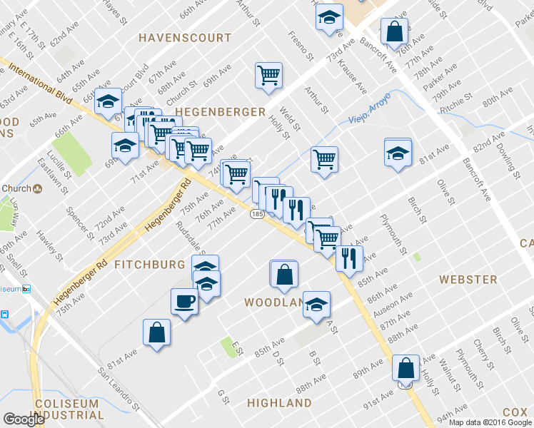 map of restaurants, bars, coffee shops, grocery stores, and more near 7838 International Boulevard in Oakland