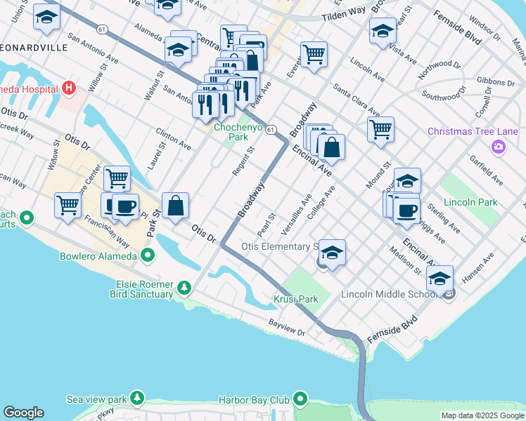 map of restaurants, bars, coffee shops, grocery stores, and more near 2618 Washington Street in Alameda