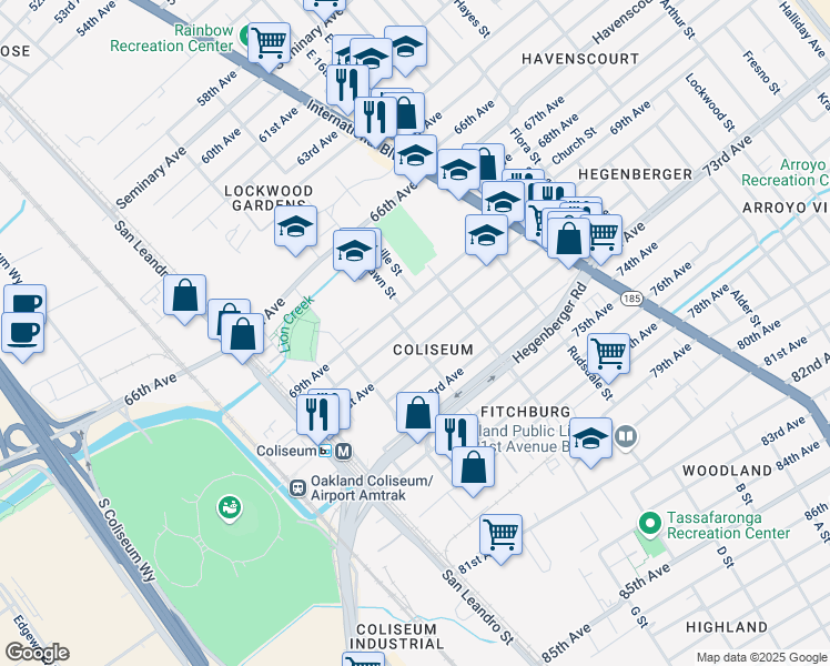 map of restaurants, bars, coffee shops, grocery stores, and more near 1056 70th Avenue in Oakland