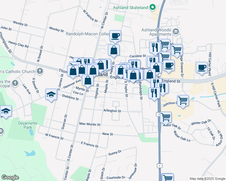 map of restaurants, bars, coffee shops, grocery stores, and more near 302 Myrtle Street in Ashland